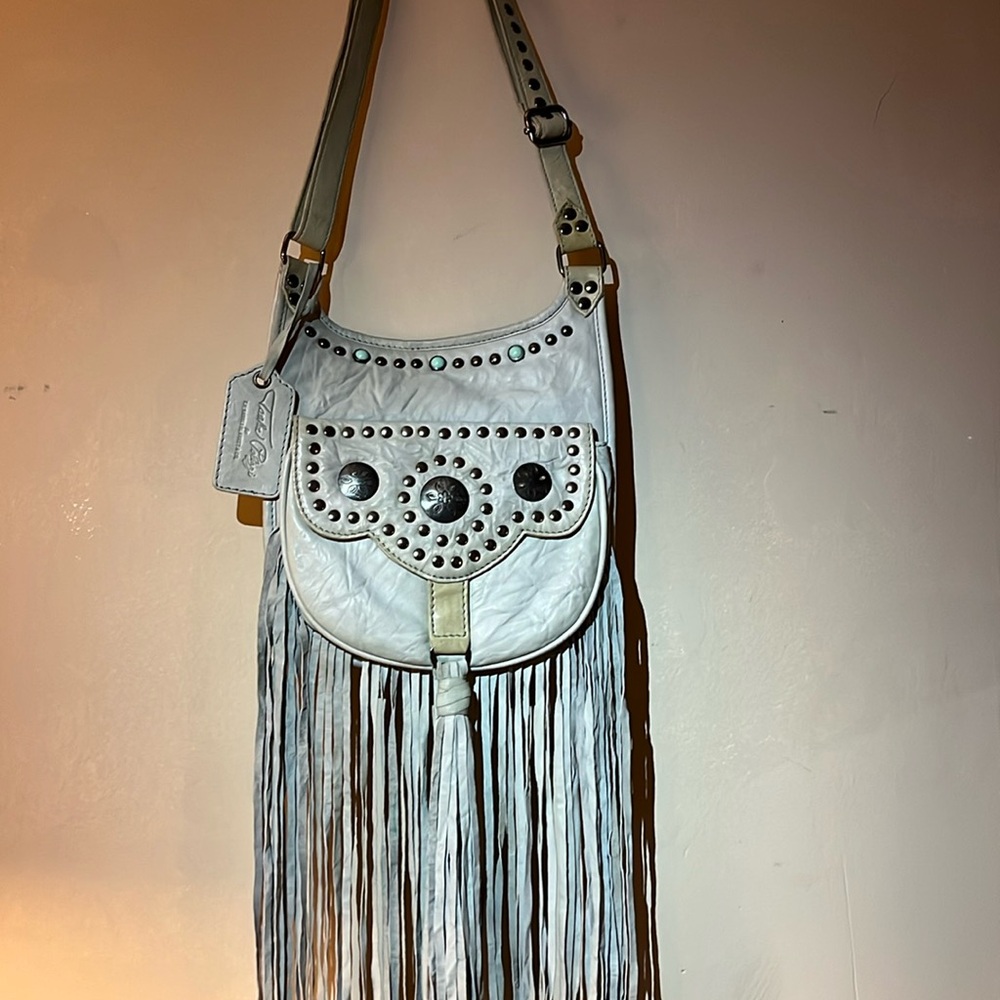 Vintage Tasha Polizzi western crossbody purse soft leather fringe 9.5x9.5" body